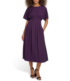 Kensie Short Sleeve Smocked Waist A-Line Midi Dress | Dillard's Purple Linen Dress, Dillard's, Every Girl, Linen Dress, Pretty Outfits, Fit And Flare, Round Neckline, Smocking, Clothing Accessories