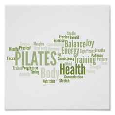 the word pilates written in green on a white background with other words surrounding it