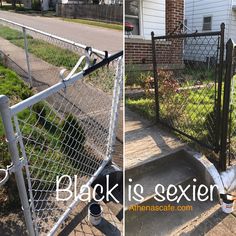 two pictures of the same fence, one with black is sexier on it