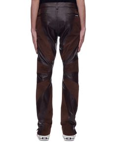 Brown Leather Sunshine Pants. Made In Los Angeles 100% Leather Sunshine leather Contrast Motif Straight Fit Dry Clean Only Brown Leather Pants With Straight Leg, Designer Leather Bottoms With Belt Loops, Brown Leather Straight Leg Pants, Luxury Leather Straight Leg Bottoms, Luxury Leather Trousers, Brown Leather Bottoms With Belt Loops, Leather Bottoms With Belt Loops In Brown, Brown Bottoms With Five Pockets, Leather Pants With Belt Loops