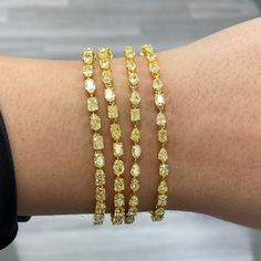 5.5ct Fancy Yellow Multi-Shape Diamond Bracelet – Rare Colors Luxury Yellow Jewelry With Faceted Beads, Yellow Diamond Bracelet, Pear Shapes, Fancy Yellow Diamond, Cartier Jewelry, Radiant Cut Diamond, Jewelry Lookbook, Tennis Bracelet Diamond, Radiant Cut