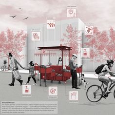 people are walking and riding bikes near a red booth with information about the various types of food