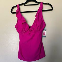 Nwt Dkny Ladies Swimsuit In Ruffle Tankini Top Only Fucia Solid Size Large Pink Ruffled Sleeveless Tankini, Pink Fitted Tankini With Ruffles, Floral One Piece Swimsuit, Swim Skirt, Levi Jeans 501, Distressed Black Jeans, Tankini Top, Swimsuit Tops, Pink Fashion