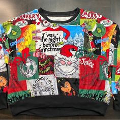 The Grinch Justice T’ Was The Night Before Grinchmas Velour Sweater Size L(12-14) All Over Print Brand New With Tag 94% Polyester And 6%Elastane Measurement: Pit To Pit: 20.5 Inches Shoulder To Seam: 20 Inches Sleeves:16 Inches No Longer Sold In Stores From A Pet Free And Smoke Free Environment Justice Shirts, The Grinch, Grinch, All Over Print, Kids Shirts, Black Red, Sweater Sizes, Shirts Tops, Black And Red