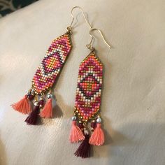 Never Worn! Gorgeous Beaded Earrings With Fringe Detail! Just Over 3” Long Including Hook. Half Inch Wide. No Flaws! Christmas Fringe Earrings, Beaded Skeleton, Skeleton Rose, Pink Beaded Earrings, Rose Earring, Long Beaded Earrings, Beaded Fringe Earrings, Seed Bead Patterns, Beaded Earrings Patterns