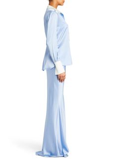 Long sleeve silk top featuring a button-up front and contrasting collar and cuffs. Shown here in Ice Blue. 95% Silk, 5% Spandex Made in China Model is 5'10" wearing size S Style No. 3304-11 Australia Clothes, Silk Bra, Silk Maxi Skirt, Silk Skirt, Denim Pant, Collar And Cuff, Made In China, Silk Top, Ice Blue