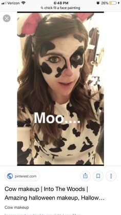 Cow Makeup Face, Diy Cow Costume, Cow Halloween Costume, Animal Face Paintings, Cow Halloween, Animal Makeup, Diy Costumes Women, Cow Costume, Cow Face