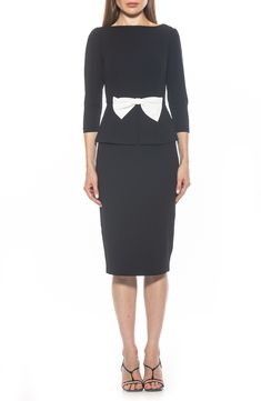 A floppy bow flatters the waistline of a sheath dress framed by a boat-neck collar and three-quarter length sleeves. Hidden back zip closure Boat neck Three-quarter length sleeves 95% polyester, 5% spandex Machine wash, tumble dry Imported Sheath Midi Dress, Concert Looks, Daytime Dresses, Midi Sheath Dress, Sweaters And Leggings, Fall Looks, Black Fits, Neck Collar