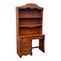 a wooden desk with two drawers and a book shelf