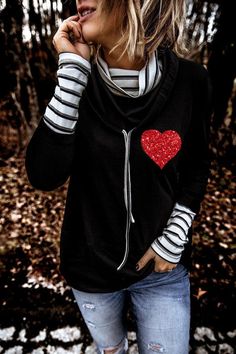 Be the envy of your friends with this Black Valentines Glitter Heart Print Striped Cowl Neck Sweatshirt. This stylish and comfortable sweatshirt is perfect for any occasion. The 95% Polyester and 5% Elastane material is soft and lightweight, making it perfect for any season. The cowl neckline adds a unique touch to the classic sweatshirt style. The black base is adorned with a glittery heart print and striped detailing, making it the perfect statement piece. Whether you¡¯re going out for... Black Valentines, High Neck Sweatshirt, High Neck Designs, Blank Apparel, Cowl Neck Sweatshirt, High Neck Sweater, Sleeves Clothing, Valentine's Day Outfit, Glitter Hearts