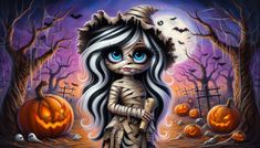 a painting of a skeleton girl with white hair and blue eyes standing in front of pumpkins