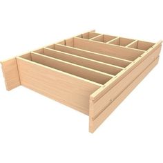 a wooden bed frame with drawers on the bottom and bottom section open to show it's contents