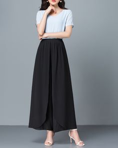 * Wide-leg skirt-shaped pants spun with high-quality chiffon fabric. * Elastic waistband and A-line shape, make you look more taller and thinner. *Material: 100% chiffon *Let us know your regular size and overall height in your country. *The waist size and length can be customized. *Size: True to US size, can provide US 0 to US 20 , you can tell us your usual size and height when ordering. * Shipping: Free shipping Processing time: 5-7 working days Delivery time: 7-20 working days Chiffon Stretch Bottoms In Solid Color, Elegant Black Culottes With Elastic Waistband, Elegant Full-length Loose Fit Harem Pants, Black Wide-leg Dress Pants For Summer, Casual Black Flowy Bottoms, Black Wide Leg Pants For Summer Evenings, Full Length Chiffon Stretch Bottoms, Chiffon Wide Leg Pants For Work, Spring Pants With Wide Waistband In Black