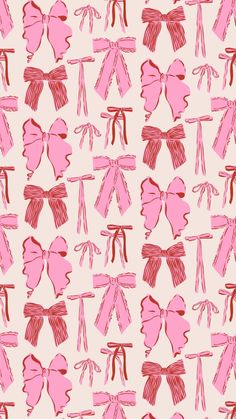 pink bows and ribbons are drawn on a beige background with red lines in the shape of hearts