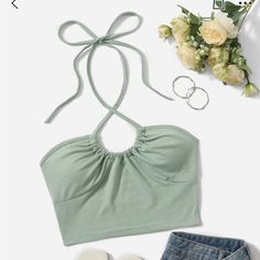 Super Cute, Never Worn Tops Shein, Bralet Tops, Cute Dress Outfits, Womens Halter Tops, Women Tank Tops, Green Tank, Halter Crop Top, Really Cute Outfits, Shein Tops