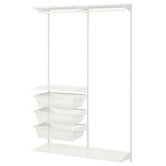 a white closet with shelves and baskets on the bottom shelf, against a white background