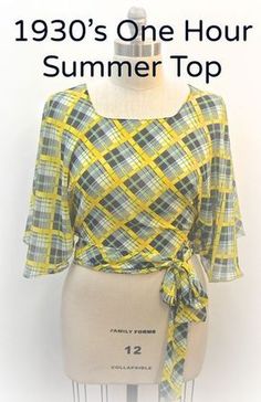 a mannequin wearing a yellow and black plaid top with the words, 1950's one hour summer top