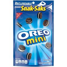 a bag of oreo mini cookies on a white background with the word snack - saks