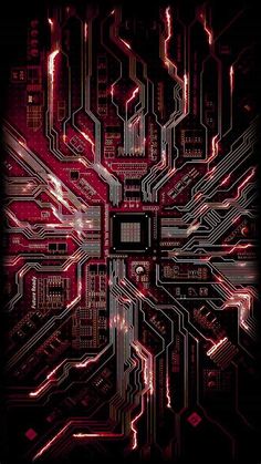 an image of a computer circuit board with red and white lights in the middle of it