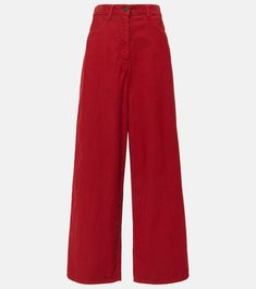 Chan corduroy wide-leg pants in red - The Row | Mytheresa Red Wide Leg Cotton Jeans, Red Straight Leg Bottoms With Button Closure, Cotton Wide Leg Pants With Button Closure, Red Wide-leg Cotton Pants, Red Cotton Wide-leg Pants, Cotton Wide-leg Pants With Button Closure, Red Full Length Cotton Jeans, Red Cotton Jeans With Pockets, Cotton Wide Leg Full Length Pants With Button Closure