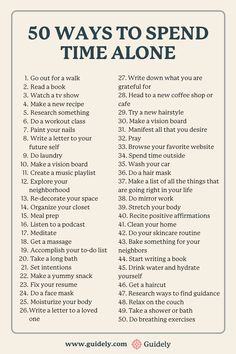 50 Ways to Spend Time by Yourself + Things to do by Yourself + Tips for Being Alone | Self care activities, Positive self affirmations, Self care bullet journal Ways To Spend Time Alone, Meal Planner App, Spend Time Alone, Calorie Dense Foods, Creepy Guy, Time Alone, Making A Vision Board, Letter To Yourself, Doing Laundry