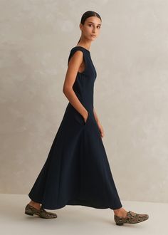 Travel Tailoring Boat Neck Midi Dress Navy Boat Neck Midi Dress, Midi Dress Navy, Midi Dress Fall, Ankle Sleeve, Paneled Skirt, Travel Dress, Navy Midi Dress, Fashion Story, Fashion Editor