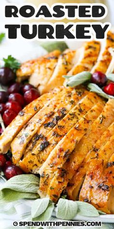 grilled chicken with cranberries and sage on the side, text overlay reads roasted turkey