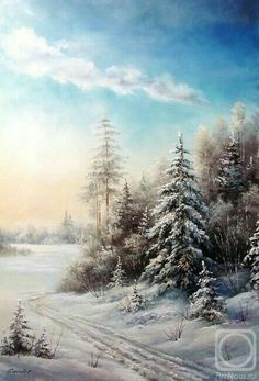 a painting of a snowy landscape with trees