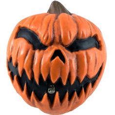 an orange halloween pumpkin with black eyes and fangs on it's face is shown in front of a white background