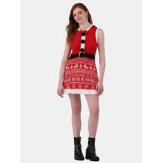 Festive and flirty, youll become the best Mrs. Claus with this Mrs. Claus Santa Sweater Dress from No Boundaries. Perfect for the next party and spreading holiday cheer, this fun dress features an inspired Mrs. Claus print with a front bow appliqu, pom-poms, and fun trims. Easy to wear with a pullover style, you can pair this dress with your favorite shoes or sparkly festive heels and be on your merry way. Only at Walmart. Size: S.  Color: Red.  Gender: female.  Age Group: adult. Santa Sweater, Santa Dress, Christmas Dress Women, Fun Dress, Mini Tank Dress, Tie Dye Dress, Dyed Dress, Red Outfit, Knee Dress