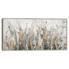 an abstract painting with flowers and grass in the foreground, on a white background