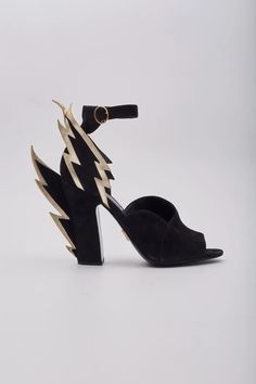 Prada Lightning Bolt Black Suede Gold Chunky Heels (EU 39) For Sale at 1stDibs Luxury Gold Suede Heels, Gold Open Toe Suede Heels, Gold Suede Open Toe Heels, Gold Chunky Heels, Prada Dress, Chloe Bag, Suede Sandals, Prada Shoes, Lightning Bolt