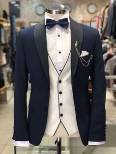 Slim-Fit Tuxedo Suit Navy-Blue – brabion Navy Slim Fit Suit, Formal Wedding Suit, Navy Blue Tuxedos, Blue Tuxedos, Slim Fit Tuxedo, Groom Tuxedo, Wedding Dress Men, Dress Suits For Men, Slim Suit