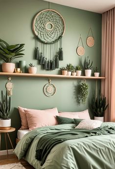 a bedroom with green walls and plants on the shelves