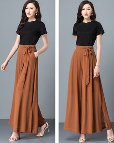 * Wide-leg skirt-shaped pants spun with high-quality chiffon fabric. * Wide waistband and A-line shape, make you look more taller and thinner. * With a same color belt and two side pockets. * With split on the hem and half lined. *Material: 100% chiffon *Let us know your regular size and overall height in your country. *The waist size and length can be customized. *Size: True to US size, can provide US 0 to US 20 , you can tell us your usual size and height when ordering. * Shipping: Free shippi Customize Pants, Flowy Pants Outfit, Skirt Over Pants, Wide Leg Pants Black, Flowy Skirts, Wide Leg Pants Outfit, Chiffon Pants, Stylish Short Dresses, Rock Outfit