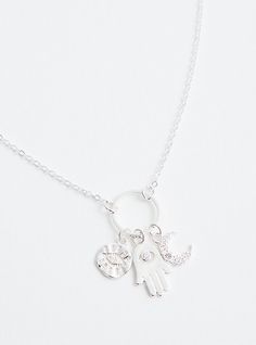 This necklace features a silver tone finish with celestial charms. Base metal. Imported. Circumference: Layer 1: 19”, Layer 2: 5”. The best plus size women's silver tone hamsa & celestial delicate necklace necklaces in silver. Silver Symbolic Necklaces With Dangling Charms, Symbolic Sterling Silver Dangle Charm Necklaces, Silver Necklaces With Dangling Charms, Silver Dangle Charm Necklace With Moon Charm, Adjustable Sterling Silver Charm Necklace With Moon Charm, Silver Sterling Necklaces With Dangling Charms, Silver Spiritual Charm Necklace, Silver Spiritual Moon Charm Necklace, Symbolic Metal Charm Necklaces