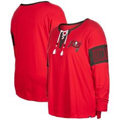 Celebrate your unwavering Tampa Bay Buccaneers fandom with the New Era Women's Red Tampa Bay Buccaneers Plus Size Lace-Up Notch Neck Long Sleeve T-Shirt. This stylish tee features a unique notch neck with lace-up detail, adding a touch of femininity to your game day attire. The droptail hem with side splits provides a flattering fit, while the screen print graphics proudly display your Tampa Bay Buccaneers pride. Whether you're cheering from the stands or simply showing your support, this T-shir Buccaneers Logo, Nfl Team Colors, Tampa Bay Buccaneers Logo, Contrasting Trim, Tampa Bay Buccaneers, Sporty Chic, Sleeves Pattern, Tampa Bay, White Nikes