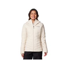 Loaded with winter-ready technology, the Columbia Joy Peak II Hooded Jacket for Ladies is set to keep you warm and comfortable during your cold-weather adventures. The Omni-Heat Infinity advanced thermal reflective lining uses a pattern of tiny, metallic dots that retain your body's natural warmth, and they reflect it back to you to keep you warmer for much longer. A layer of Thermarator insulation made of 100% recycled polyester offers a high warmth-to-weight ratio, so this women's winter jacke Winter White Hooded Jacket For Outdoor Winter Activities, Winter White Outdoor Jacket With Detachable Hood, White Midweight Winter Outerwear, Insulated Long Sleeve Hooded Jacket, Functional Insulated Long Sleeve Hooded Jacket, White Midweight Outerwear For Winter, Functional Insulated Hooded Jacket With Long Sleeves, Winter Jacke, Winter Jackets Women