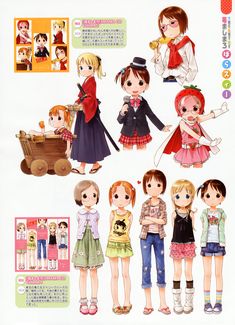 the paper dolls are all dressed up in different styles and colors, including one girl with red hair