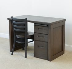 a desk with two chairs and a cabinet underneath it