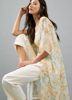 Nwt, Anthropologie Floral Kimono. Sheer & Gauzy! Open Front, Subtle Metallic Thread. 34" Long White Summer Outerwear For Brunch, Feminine Summer Outerwear For Brunch, Yellow Kimono Outfit, Floral Kimono Outfit, Kimono Photography, Yellow Kimono, Kimono Outfit, Fringe Kimono, Kimono Robes