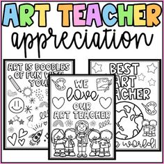 the art teacher appreciation coloring book with two pictures and text that reads art teacher appreciation