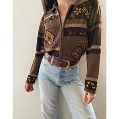 90s zip-up knit sweater in rustic autumnal hues. Gorgeous bucolic floral embroidery throughout. Can be worn as a sweater or as a light jacket. Made by TanJay Petites. Size on tag is medium. Model is a size small. Made of 100% acrylic.  In perfect condition! Measurements are taken with the garment lying flat and doubled for circumference. Shoulder width: 16" Bust circumference (measured pit to pit) : 44" Waist circumference: 43" Length shoulder to bottom: 23" Sleeve length : 22.5" DISCOUNTS :  20% off orders of two or more items  (not applicable if already on sale). I will also do combined shipping- please message me before buying so I can arrange it. Please note that I ship from two different addresses so combined shipping will only be possible if all items ship from the same address. Mess Cottagecore Vintage, Vintage Cottagecore, Womens Sweaters, Waist Circumference, Zip Up Sweater, Light Jacket, Embroidered Flowers, Sweater Jacket, Zip Up