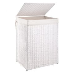 a white wicker laundry basket with lid and handles on the side, open to reveal an inner storage compartment