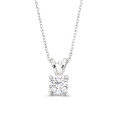 Light up your look with the timeless sparkle of this certified round diamond solitaire pendant in white gold. Crafted in 14K white gold The 1/2 ct. certified round diamond boasts a color rank of I and clarity of I1. A ribbon of diamonds wraps the center in a hidden halo design while the "V"-shaped bail adds elegant detail. Captivating with 1/2 ct. t.w. of diamonds Includes certification card This pendant suspends along an 18.0-inch cable chain, with closure rings at 16.0 and 17.0 inches, that se Classic Diamond Necklace With Round Single Diamond, Classic Diamond Necklace With Single Round Stone, Classic Round Stone Diamond Necklace, Classic White Diamond Cut Necklace, Classic Platinum Solitaire Necklace With Round Pendant, Classic Diamond Necklace With Vvs Clarity Round Stone, Classic Single Diamond Necklace For Anniversary, Platinum Solitaire Necklace With Round Diamond Pendant, Timeless Solitaire Diamond Necklace