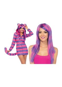 a woman wearing a pink and purple cat costume next to a women's wig