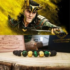 the loki bracelet has been made with gold and green glass bead, which is decorated with