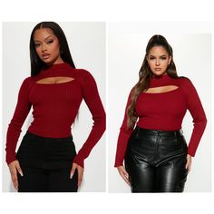 New Fashion Nova Red Light Sweater Blouse. Size 1x. Has Some Stretch. Perfect For The Holidays Smoke&Pet Free Home Burgundy Long Sleeve Tops For Night Out, Trendy Red Winter Blouse, Burgundy Stretch Top For Night Out, Stretch Burgundy Tops For Night Out, Plunging Neckline Top, White Crochet Crop Top, Fashion Nova Shirts, Camo Crop Top, Leopard Print Fashion