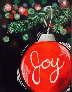 a painting of a christmas ornament with the word joy written on it in white lettering