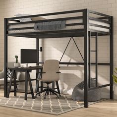 a loft bed with desk underneath it in the corner of a living room next to a white brick wall